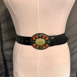 Vintage Black Leather Women's Belt Bohemian Hip Belt Full Grain Western Retro